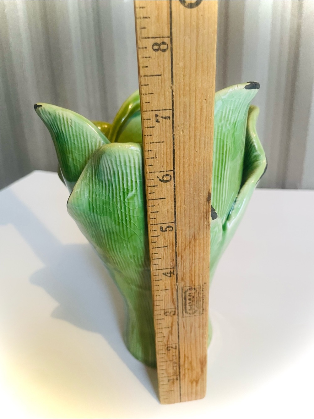 RARE Green Cabbage Leaf Asparagus Porcelain Flower Vase Majolica Style 7-1/2” - Picture 5 of 9